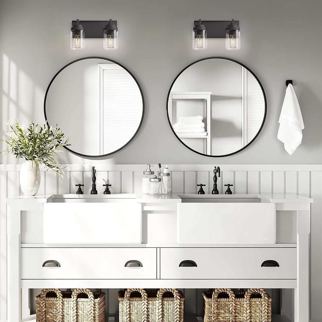 Bathroom Vanity Fixtures, 2 Light Matte Black Vanity Light with Clear Glass Shade, 15in Farmhouse wall Light