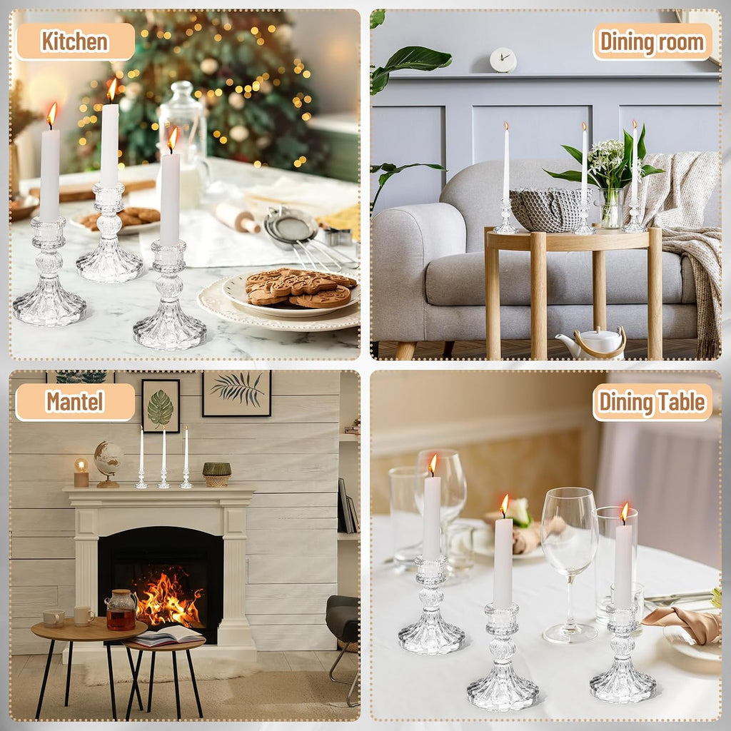 24 Pcs Glass Taper Candle Holder Sets 12 Candlestick Holder with 12 White Long Candles for Wedding Party Decor Dinner