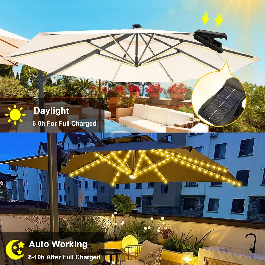 Solar Umbrella Lights, 8 Strands Patio Umbrella Lights Outdoor with 8 Modes 3V Solar Panel Clip 112 Led Outdoor