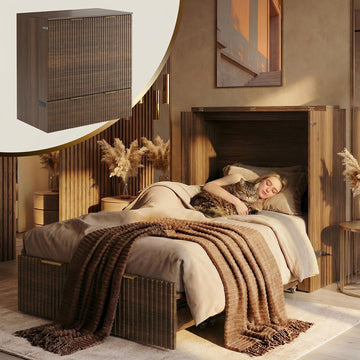 Twin Murphy Bed, Fluted Wood Murphy Cabinet with Storage Drawers & Charging Station /Office/Guest Room, Black Walnut