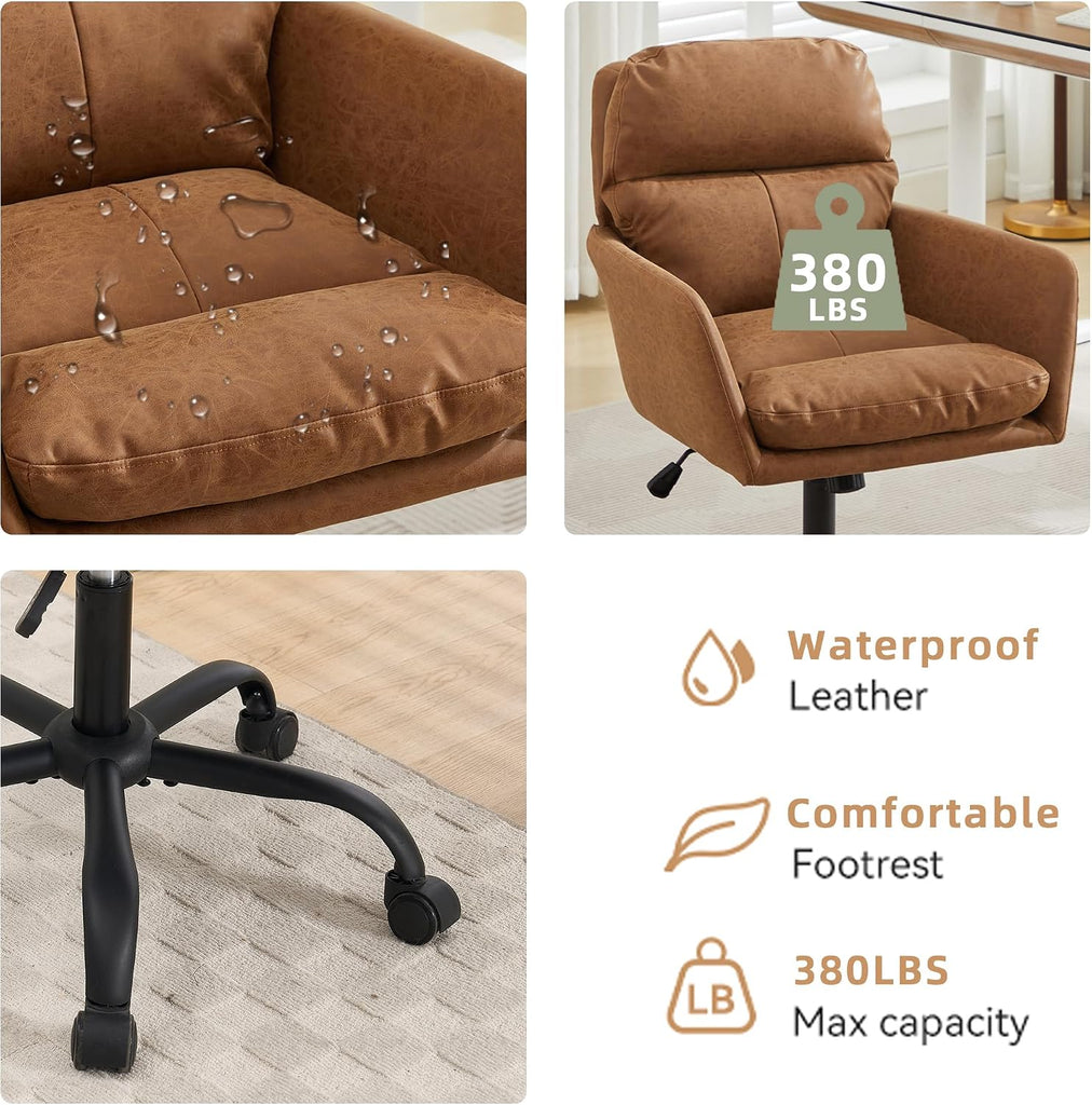 Adjustable Home Office Desk Chair with Comfy Square Mid-Back, Faux Leather 360 Swivel Upholstered Task Armchair with Wheels for Vanity Bedroom/Living Room,Study Brown