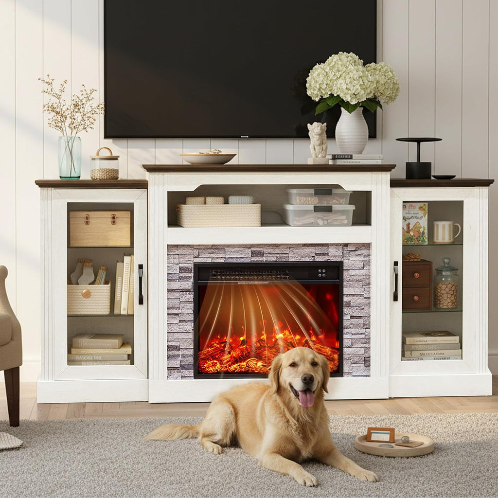 70 Inch Farmhouse Electric Fireplace TV Stand with Mantel, Console Height Wooden Entertainment Center with Storage, 4800 BTU Adjustable Heating for Living Room or Bedroom