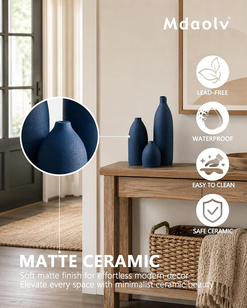 Matte Blue Vase Set Navy Blue Decor Coastal Decor Vases