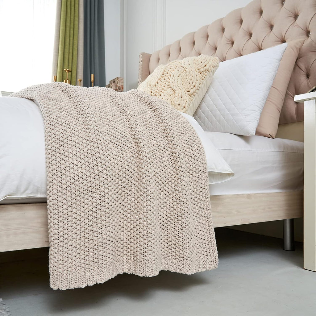 Chunky Cable Knit Throw Blanket Lightweight Beige 100% Organic Cotton Blanket, Rustic Shabby Chic Modern Farmhouse