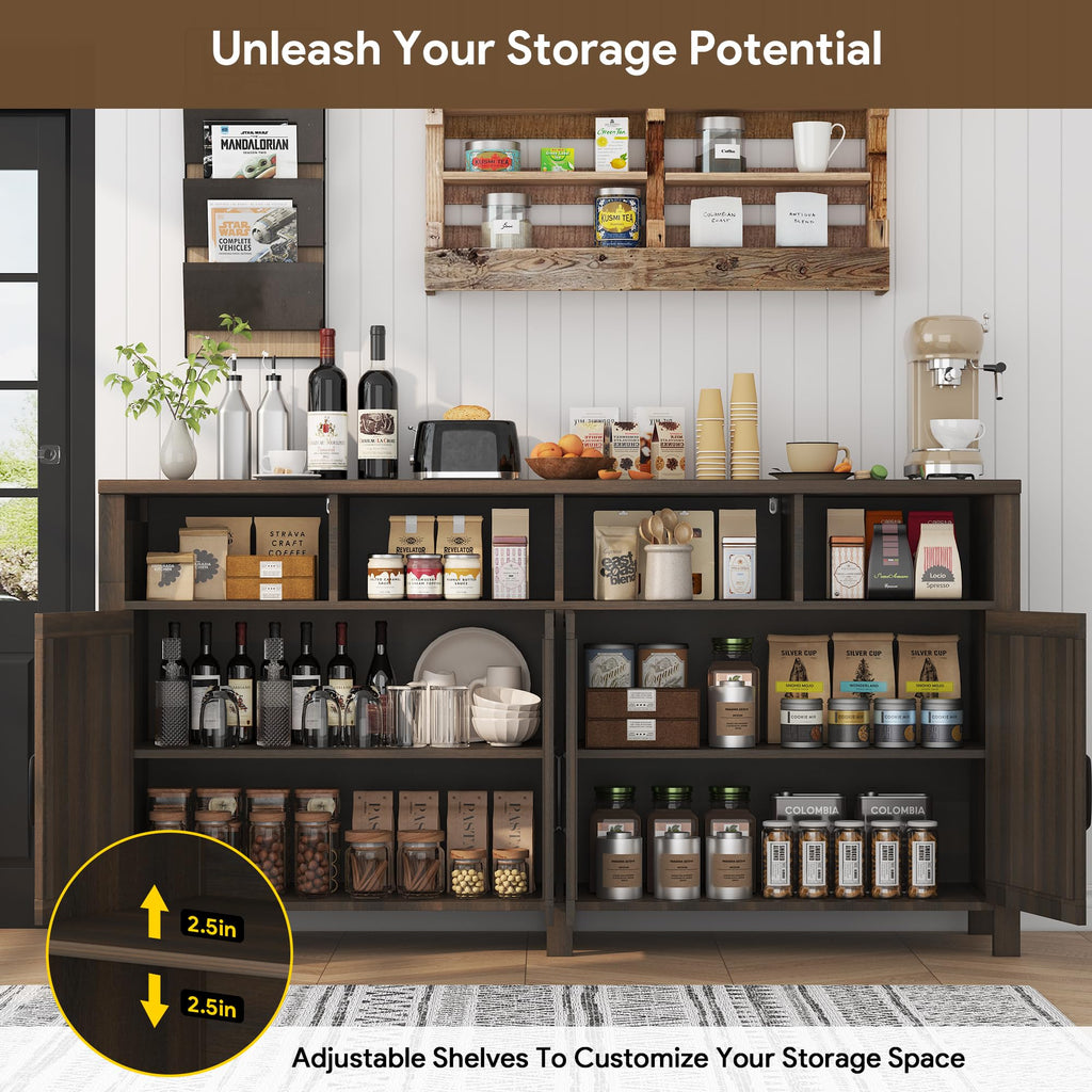 Buffet Sideboard with Storage Farmhouse, Large Kitchen Storage Cabinet Wood Coffee Bar Cabinet Buffet, 63in, Brown