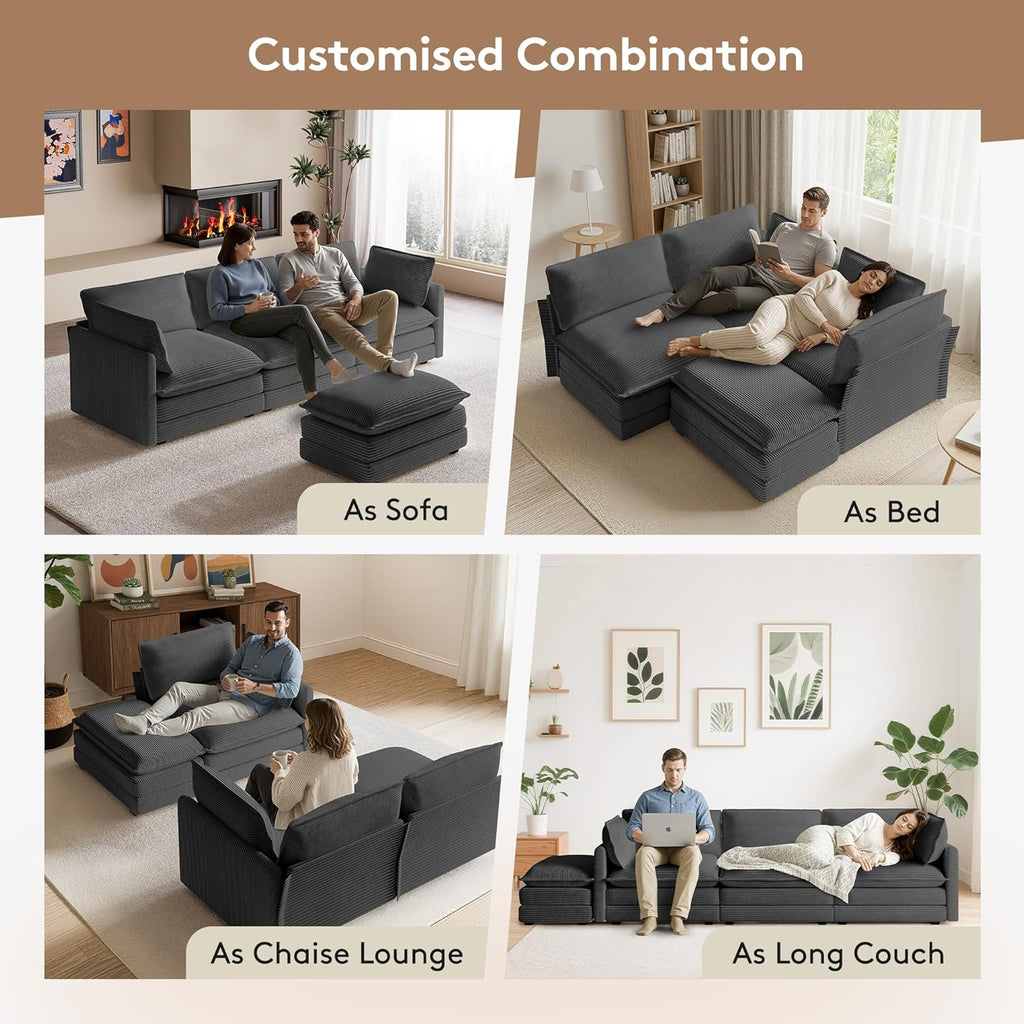104'' Modular Sectional Cloud Couch with Movable Ottoman, 4 Seat Modern Corduroy Sofa, Deep Seat L Shaped Couch