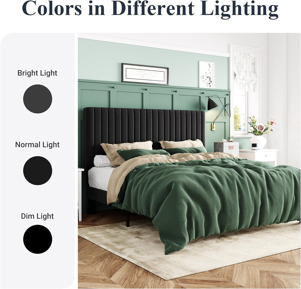King Platform Bed Frame, Velvet Upholstered with Adjustable Vertical Channel Tufted Headboard