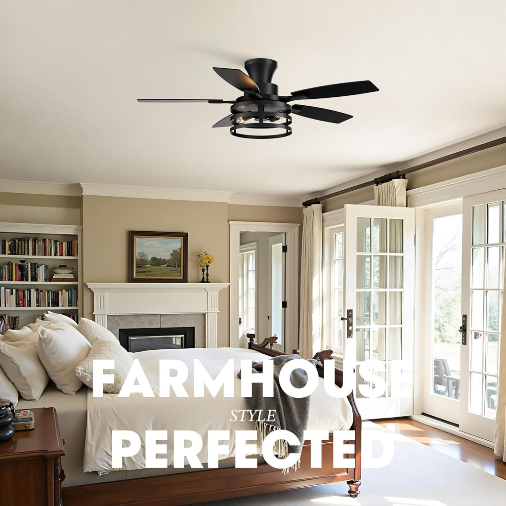 42 Inch Flush Mount Ceiling Fans with Lights and Remote Control, Farmhouse Ceiling Fan with LED Lighting