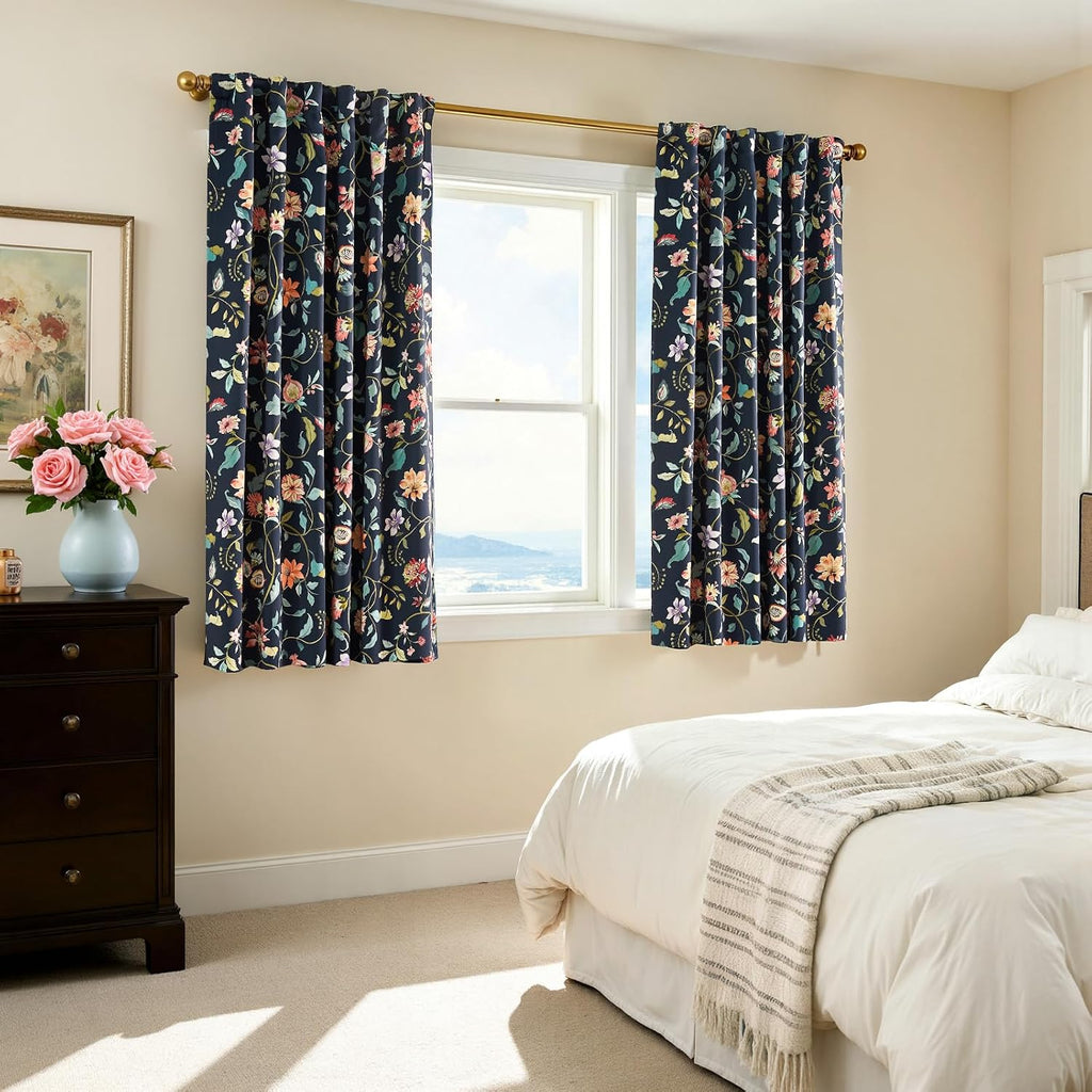Taupe Floral Blackout Curtains 96 Inch Farmhouse Back Tab 2 Panels