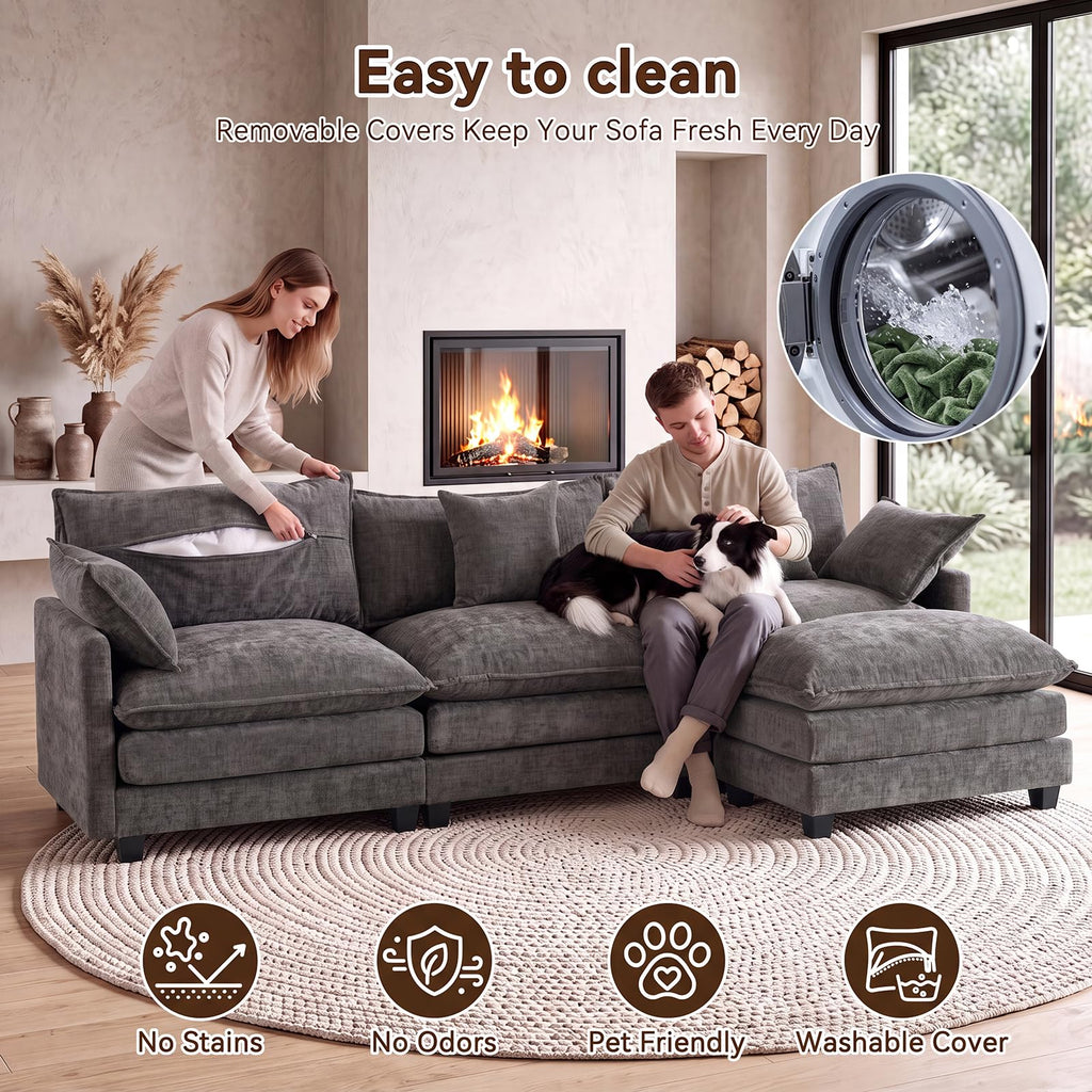 111.4" L‐Shaped Cloud Sectional Sofa Couch, Reversible Chaise, Grey