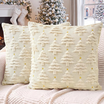 Christmas Pillow Covers 18x18, Beige Xmas Home Decor - Set of 2
