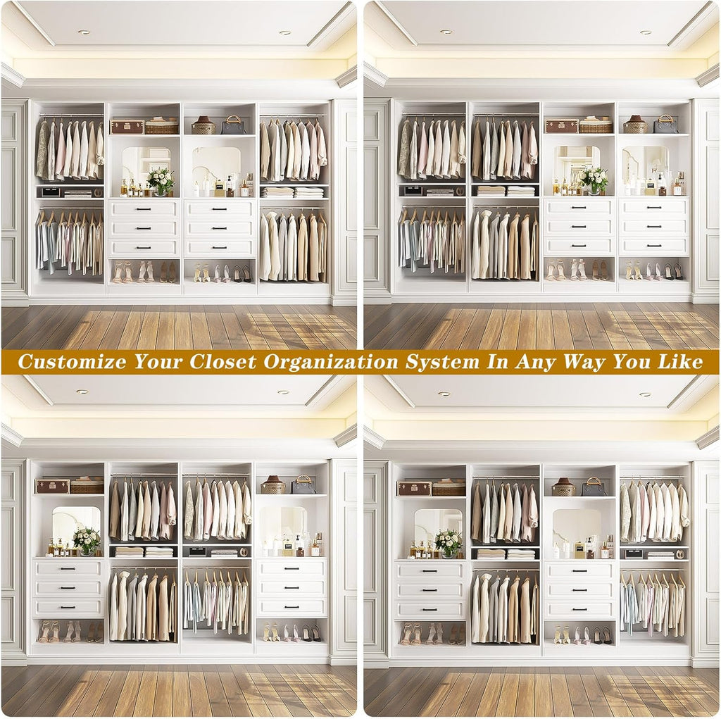 100" Wood Closet System with Drawers and Mirror, White | Large walk in wardrobe organizer with hanging rods and
