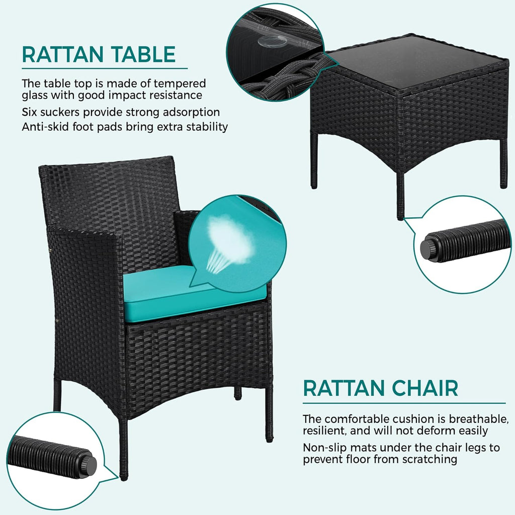 3 Pieces Patio Porch Furniture Set, Outdoor PE Rattan Wicker Conversation Set with Soft Cushions