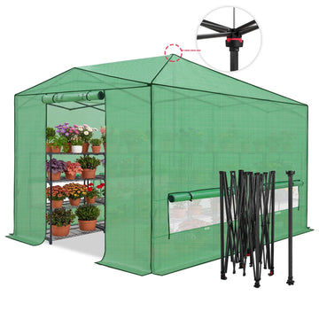 12x8 Easy Setup Pop Up Greenhouse, Support Pole, Clear/Green