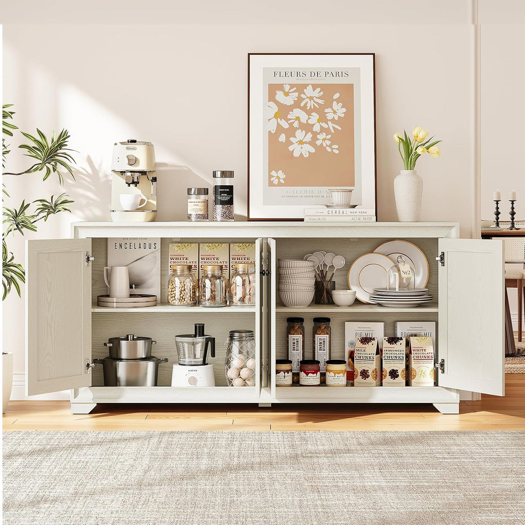 60" Buffet Cabinet with Storage, 4 Doors Sideboard Buffet Cabinet with Adjustable Shelves