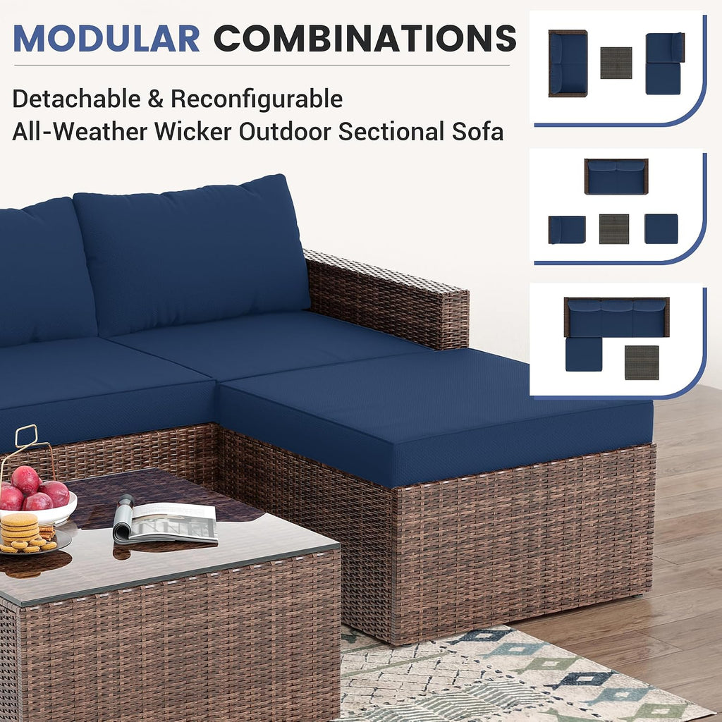 5 Piece L Shaped Outdoor Couch, Small Space Patio Furniture Set, Navy Blue | Outdoor Sectional Sofa, All-Weather