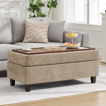 45 Inch Large Storage Ottoman Bench with Wooden Tray Coffee Table, Khaki Chenille Upholstered Foot Rest
