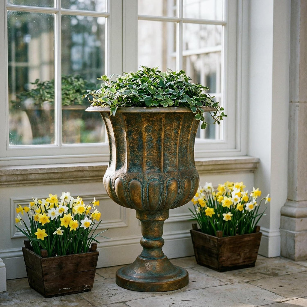 24.5" H. Metal Urn Planters 1-Pack - Bronze Classic Antique Iron Plant Pots - Large Decorative Rustic Flower Pots for