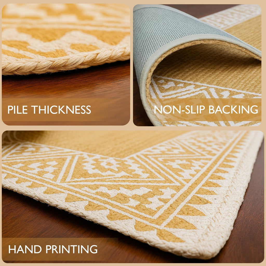 5X8 Feet-Oval, Premium Natural Jute Braided Area Rug, White Printed Border & Backing, Stain Resistance, Natural