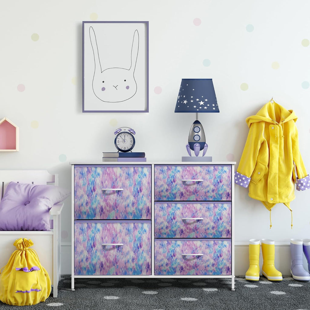 Kids Dresser with 5 Drawers - Storage Chest Organizer Unit with Steel Frame, Wood Top & Handles, Tie-dye Fabric Bins
