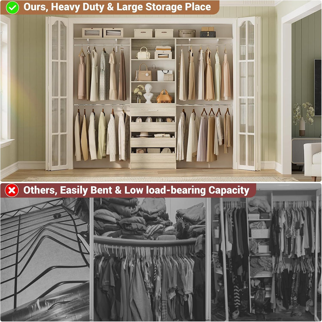 Closet System with 4 Drawers, 8FT Wood Closet Organizer System, 96'' Closet Built In System Tower with Shelves