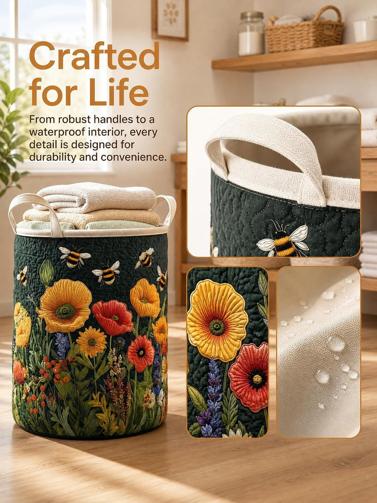 Quilted Laundry Basket with Handles, Boho Floral Quilted Storage Hamper, Large Capacity Laundry Hamper Bedroom