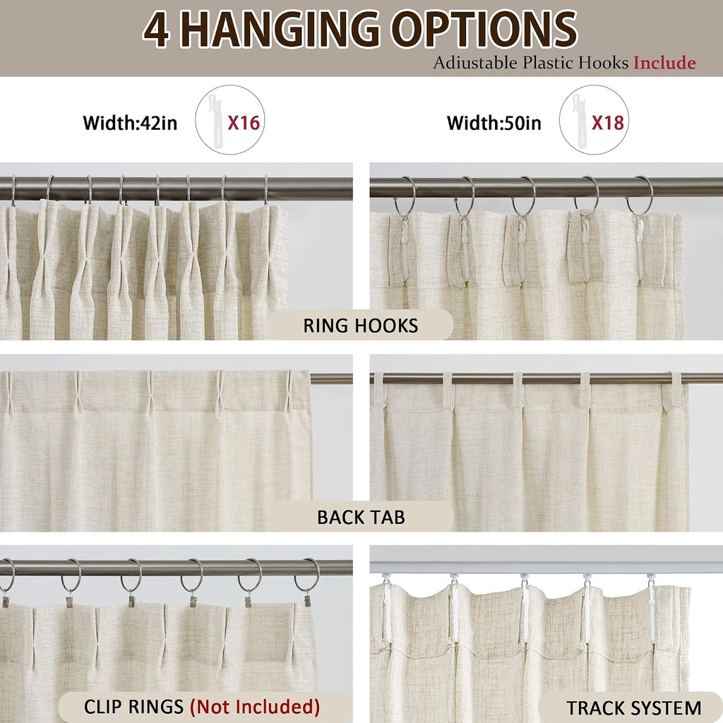 Linen Pinch Pleated Curtains 90 Inches Long Set of 2, 42 Inch Wide Semi Sheer Light Filtering Drapes Living Room Home