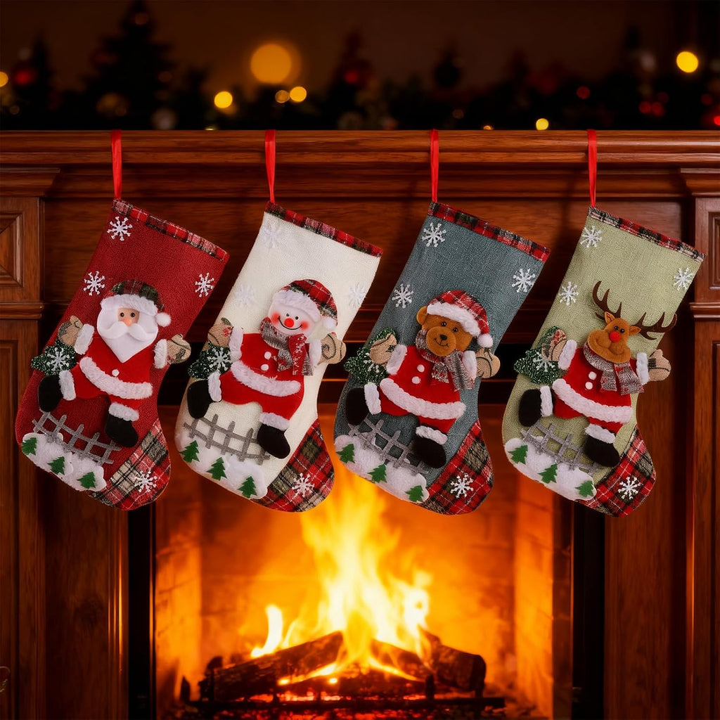 S Personalized 4 Pack - Customized Small Xmas Stockings Bulk with Reindeer, Santa Claus, Snowman, Bear for Christmas - Set of 4