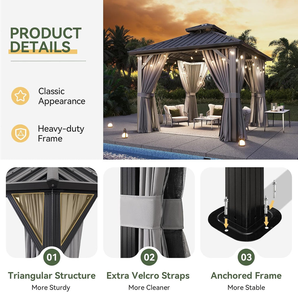 10’x12’ Hardtop Gazebo, Permanent Metal Pavilion with Galvanized Steel Double Roof