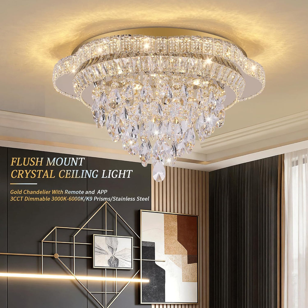 24 inch Crystal Chandeliers With Remote and APP Control, Modern Luxury Flush Mount Gold Ceiling Light, 3CCT Dimmable