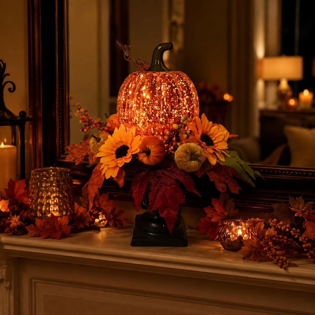 15 Inch Lighted Fall Pumpkin Arrangement with Pumpkin, Daisies
