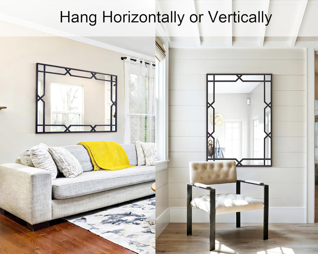 Large Living Room Mirror for Decor, 28" x 40" Rectangle Bathroom Mirror with Matte Black Metal Pipe Frame, Modern Wall