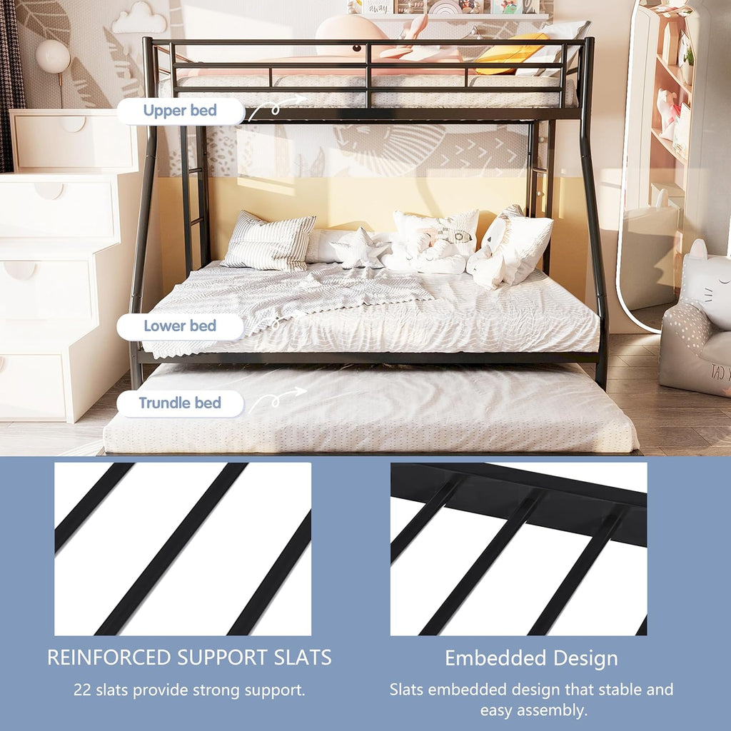Metal Bunk Beds with Double Secured Ladders, Twin Over Full Bunk Bed with Surrounded Safety Guardrails