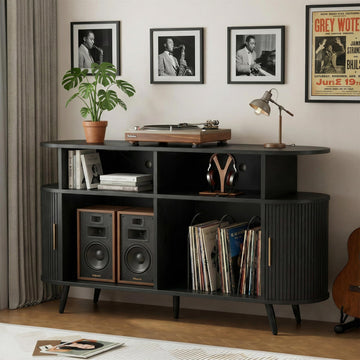 Large Record Player Stand with Storage, Media Stereo Shelf Charging, Black
