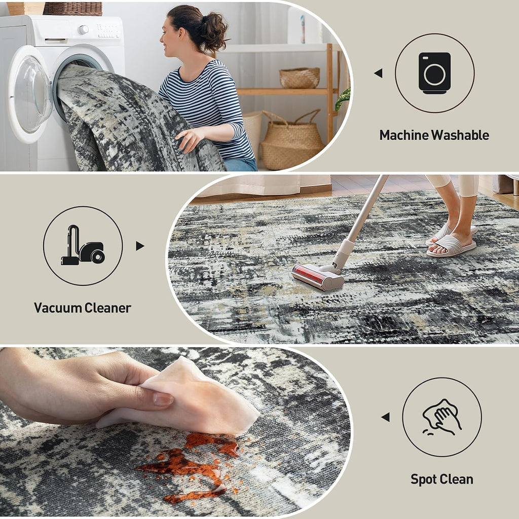8x10 Area Rugs: Washable Abstract Black Grey Gold Carpet
