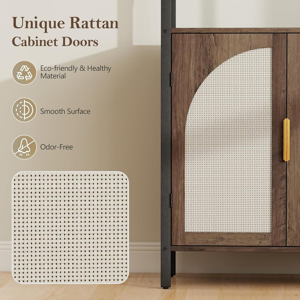 Rattan Bookshelf with Storage, Boho Bookcase with Wicker Doors, 71" Tall Book Shelf with LED Lights, Brown