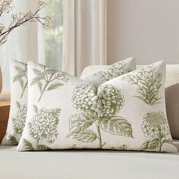 Set of 2 Lumbar Floral Pillow Covers 12x20 Inch Light Green