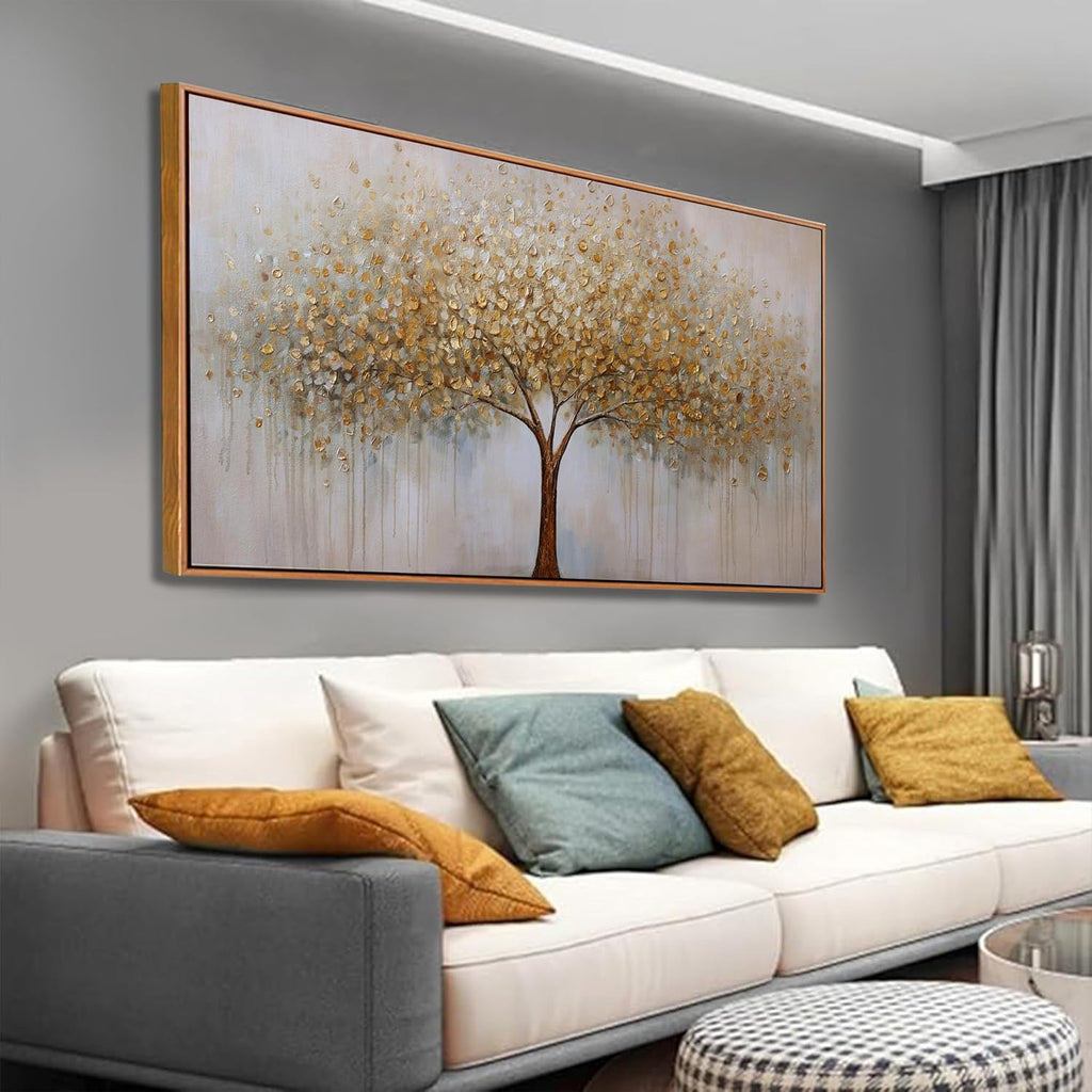 Wall Art Gold Abstract Tree of Life Framed Modern Artwork Canvas Painting Textured Tree Pictures Wall Decor Home
