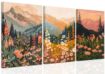 Boho Colorful Watercolor Mountain Canvas Wall Art Set of 3, Wildflower Posters Wall Decor, Abstract Nature Landscape
