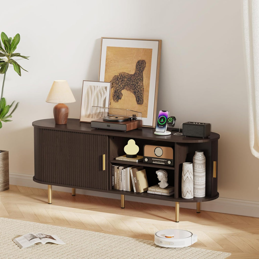 55 Inch Mid Century Modern TV Stand with Power Outlet for TVs up to 60 Inch, Entertainment Center with Storage and Adjustable Shelves, Media Console with Sliding Doors for Living Room(Dark Walnut)