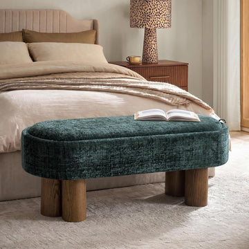 Storage Bench with Upholstered Seat and Wood Tabletop, Forest | Entryway Bench with Reversible Lid and Hidden