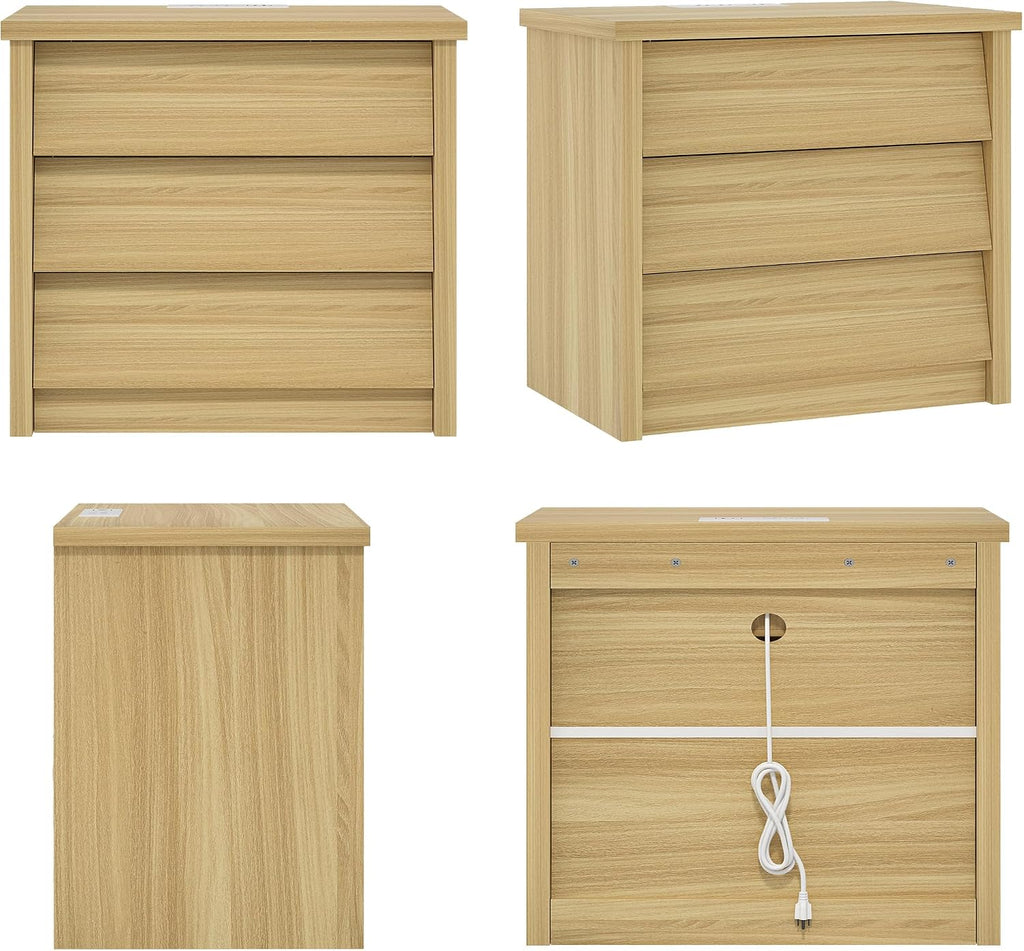 23" Wide Nightstand Set of 2 with Charger Station, Modern Night Stand with 3 Drawers, Wood End Table with USB Ports