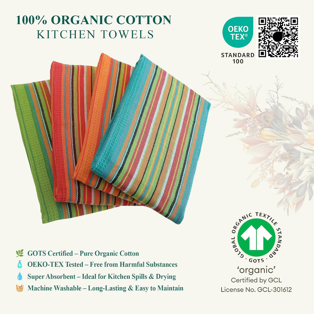 Salsa Stripe Kitchen Dish Towels, 100% Cotton, Highly Absorbent, Multi Purpose Waffle Tea Towels for Cooking, Drying