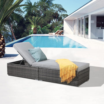 Outdoor Patio Chaise Lounge Chair, Grey Wicker, Light Grey | Reclining Adjustable PE Rattan Lounge Chair Sun Lounger