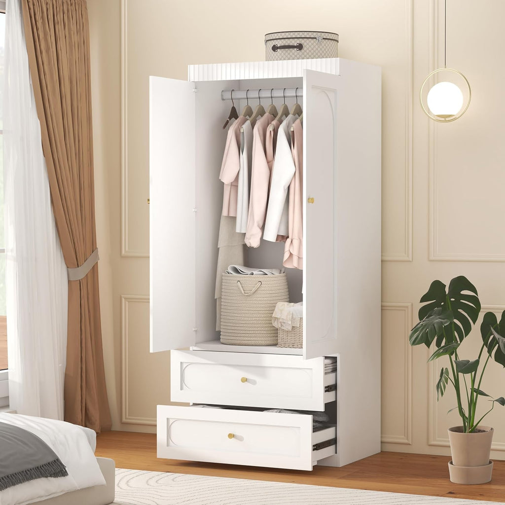 Wooden Wardrobe Closet with Doors: 75" Tall White Armoire Wardrobe Closet with 2 Drawers and 2 Doors, Modern Clothes