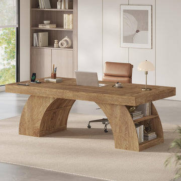 70.9 Inch Executive Desk, Large Office Desk with Power Outlet & Storage Shelves, Modern Aesthetic Computer Desks Wood