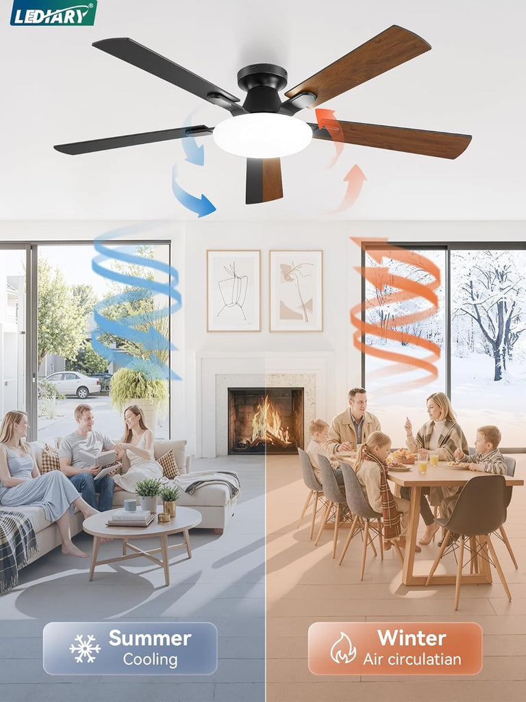 52 Inch Ceiling Fan with Lights and Remote, 30W 12" LED Panel Flush Mount Ceiling Fan