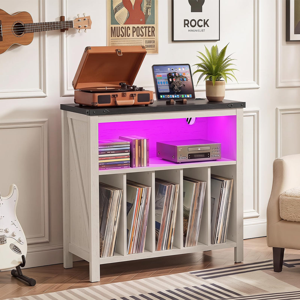 Large Record Player Stand with Power Outlets & 20-Color Lights
