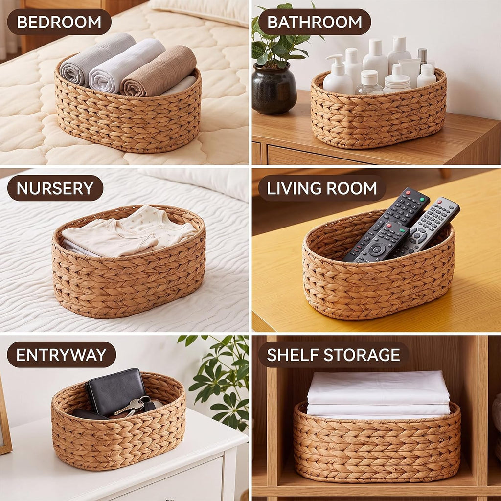 Set of 2 Wicker Storage Baskets with Lid Rattan Basket Decorative Boxes with White Scalloped, Handwoven Storage Box