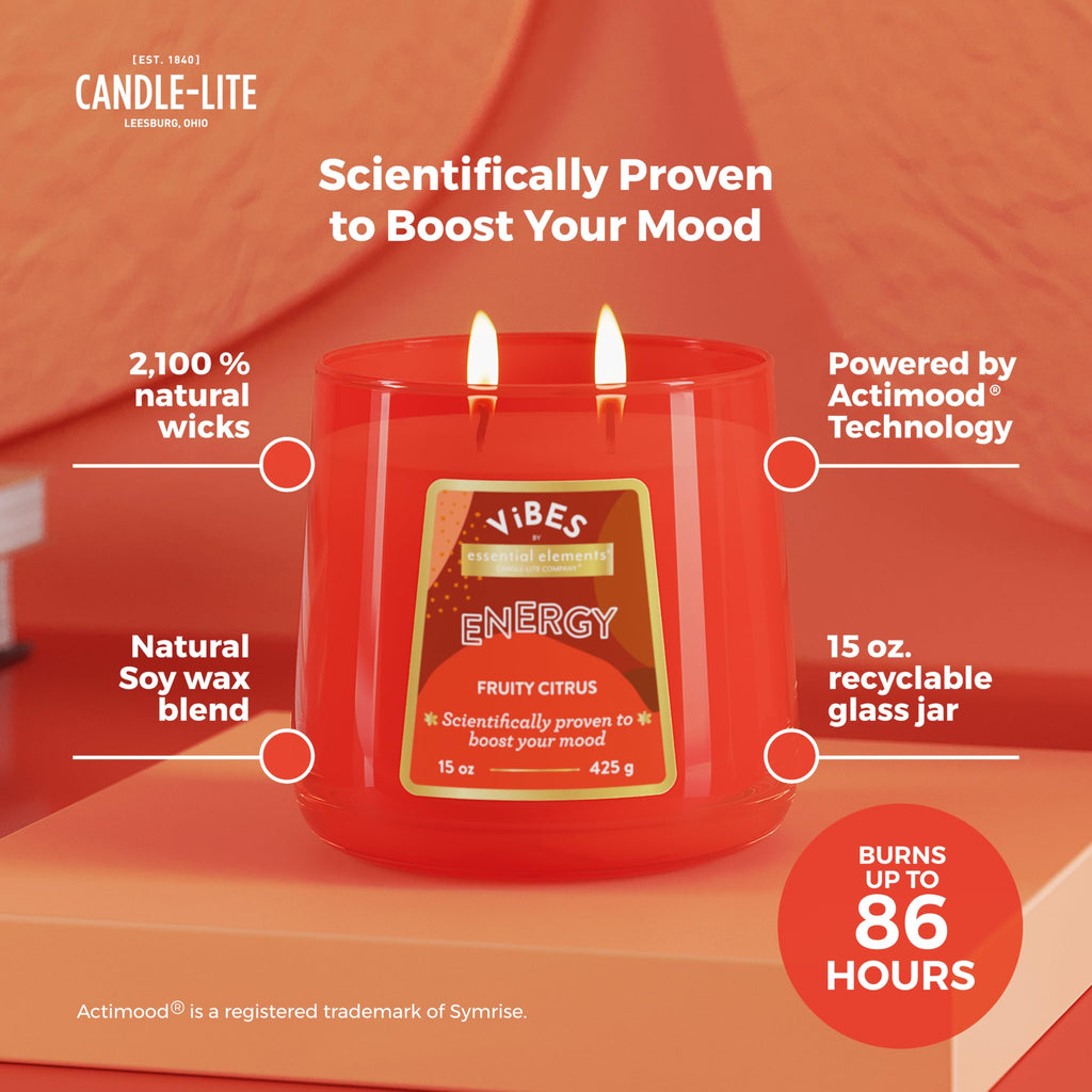 Vibes Fruity Mood-Enhancing Scented Candles, 15 oz Jar, Aromatherapy, Proudly Poured in The USA, 2-Wick, 86 Hours